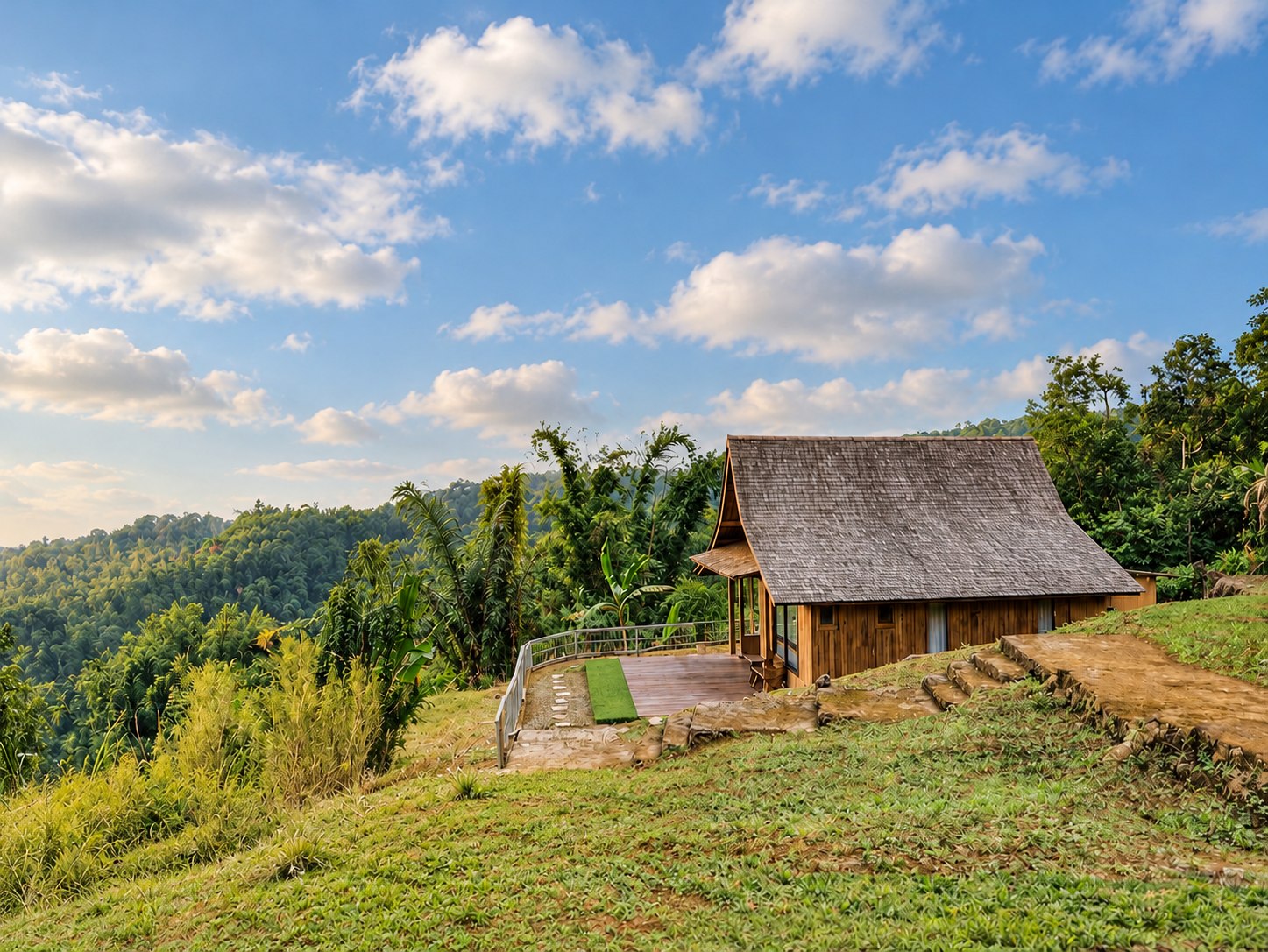 AI-enhanced visualization of Jatiluwih Hillside Hideaway, a cabin among the green hills of Bali